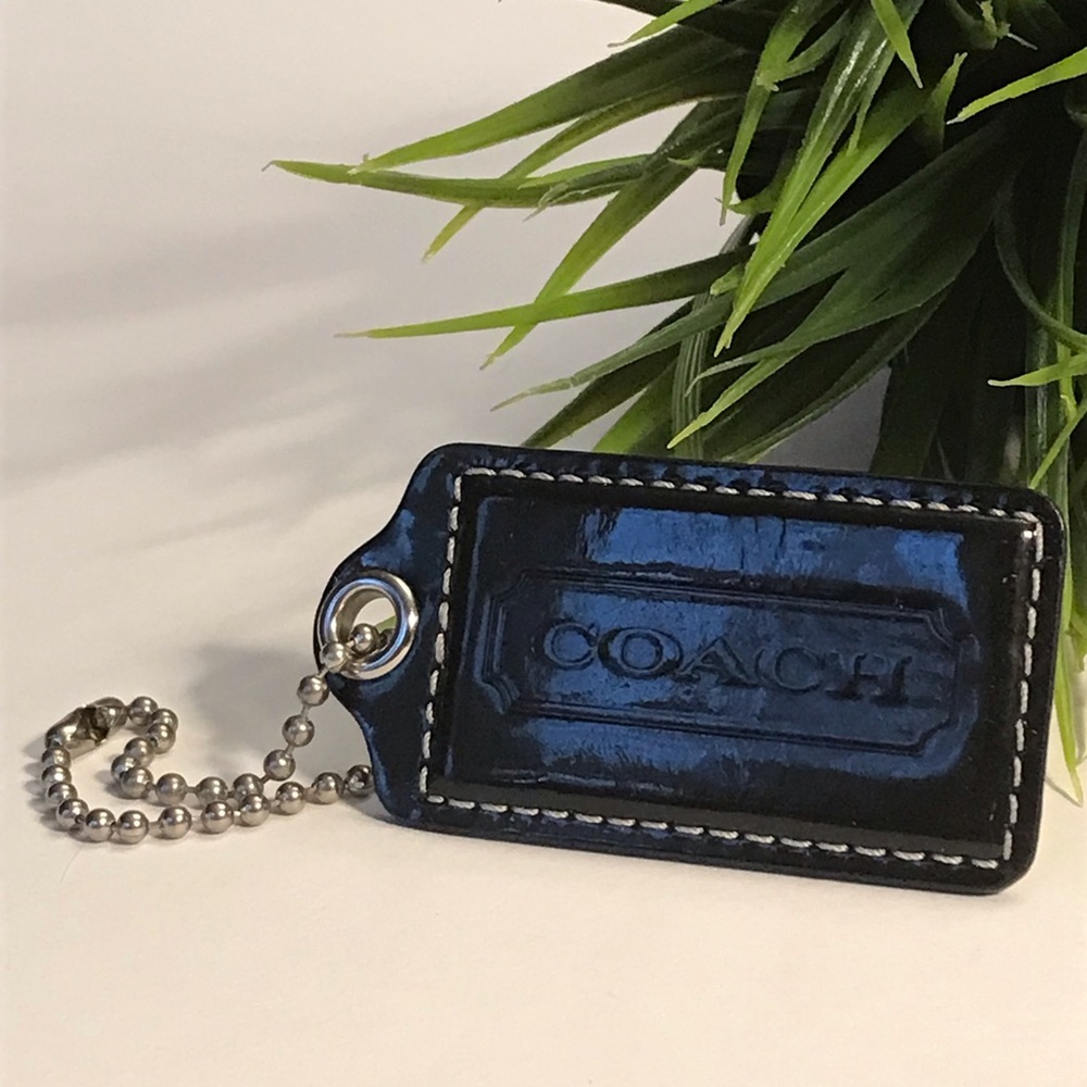 X-Large 3” COACH Black Patent Leather Hanging Tag Keychain Key FOB Bag Charm